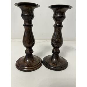 Candlesticks, Candle Holders, Pair of 2 Brown Painted Metal 6.5 High